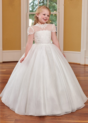 Cap Sleeves Ivory Lace Organza Keyhole Back Flower Girl Dress